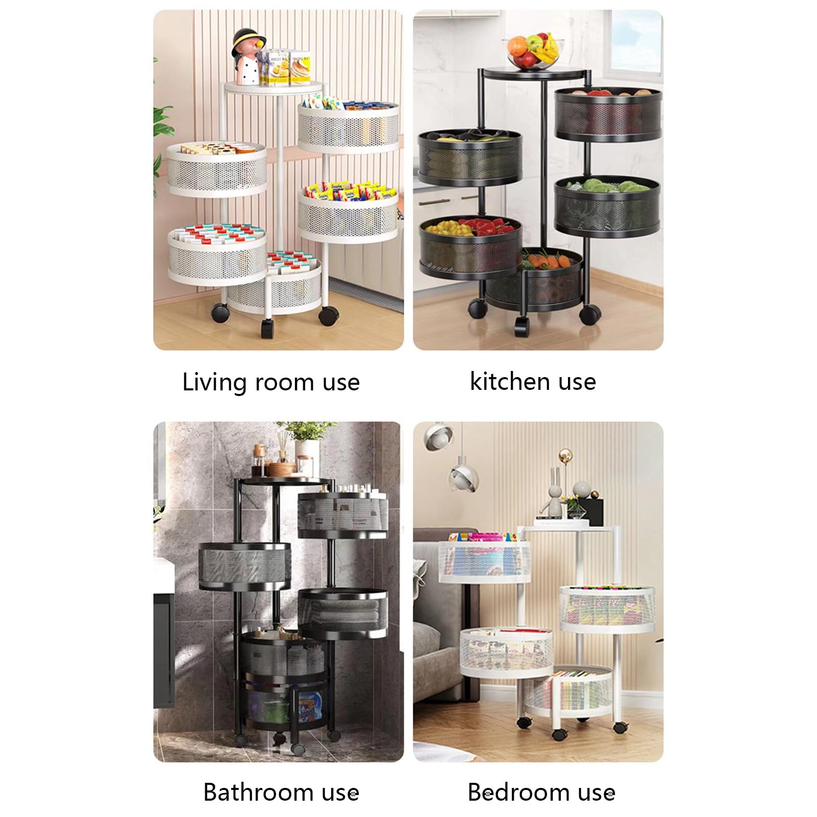 Carrello portaoggetti Girevole con Ruote, per Bagno, Balcone, Cucina, con Ruote bloccabili (Colore: Nero, Dimensioni: Quattro Strati)