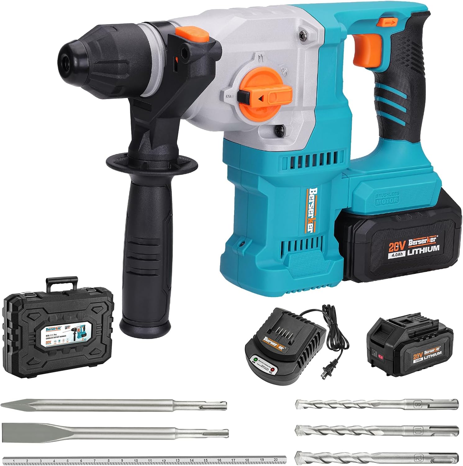 Berserker 20V Battery Rotary Hammer Drill with 2 * 4.0Ah Lithium-Ion Battery and Super Fast Charger