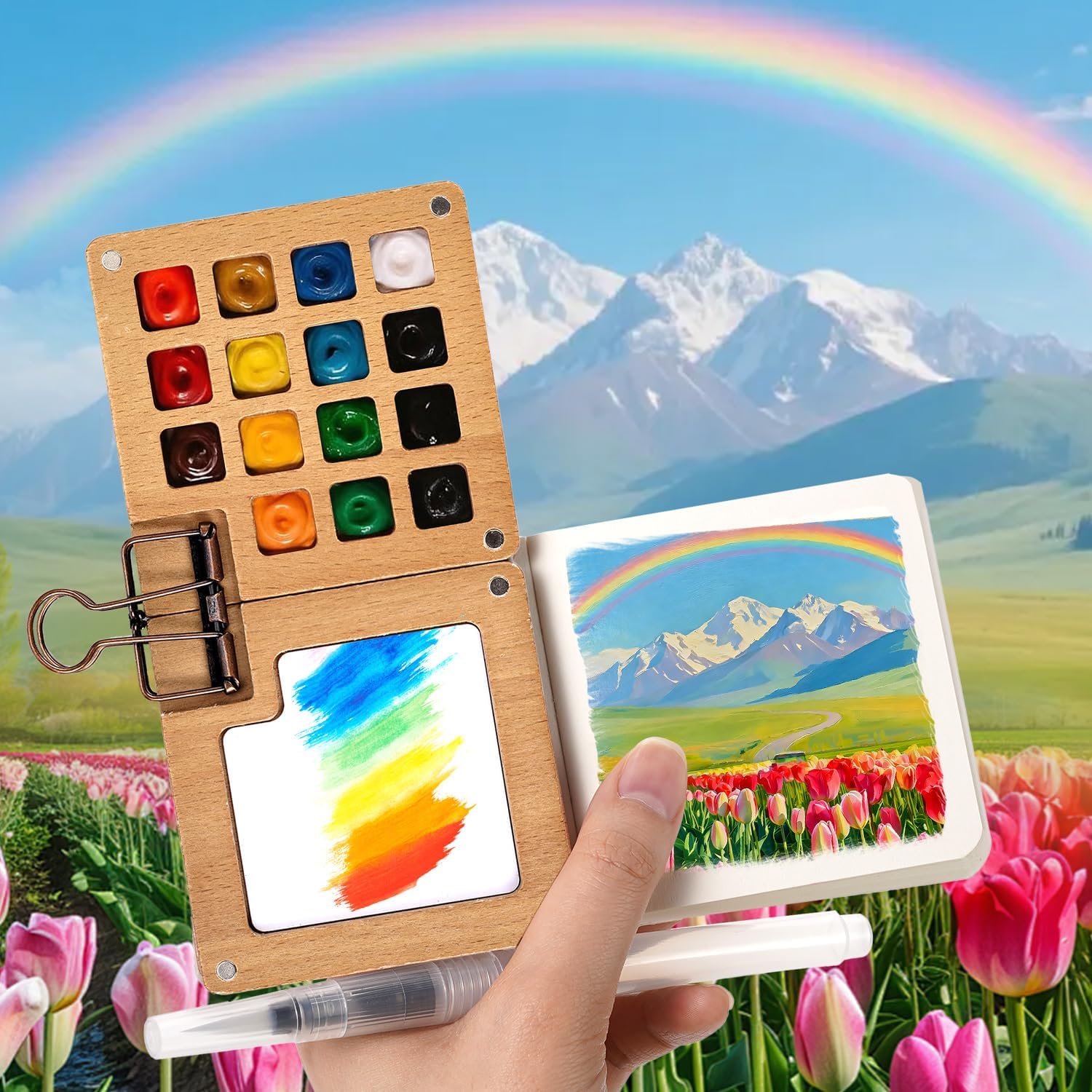 Mini Travel Watercolor Palette Set,Paint Palette Travel Kit,Pocket Watercolor Set with 24 Colors Paint,Brush*8, Sketchbook & Copper Clip,Wooden Paint Box for Beginners, Artists & Painting Enthusiasts