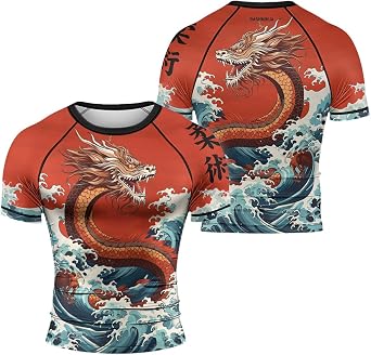 Dragon Mens Sports Compression Tops MMA BJJ No Gi Short Sleeve Rash Guard Shirt Jiu Jitsu Gifts for Men