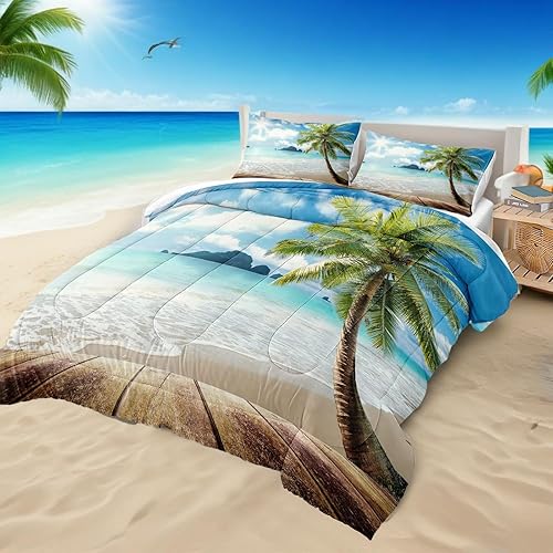 Miniatura 2 de Bedbay - Juego de ropa de cama con árbol de palma tropical, juego de edredón de playa, tamaño Queen, edredón soleado y playero, juego de ropa de