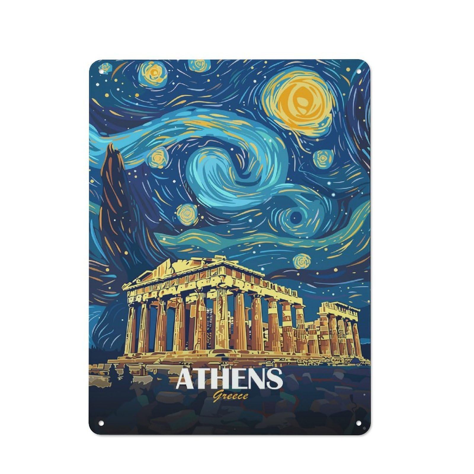 Junmoney Style-6 Creative Athens Greece Starry Night Art Tin Sign 40X30cm, Study Room Decor For Workspace, Cafe, Shop Or Desk Area