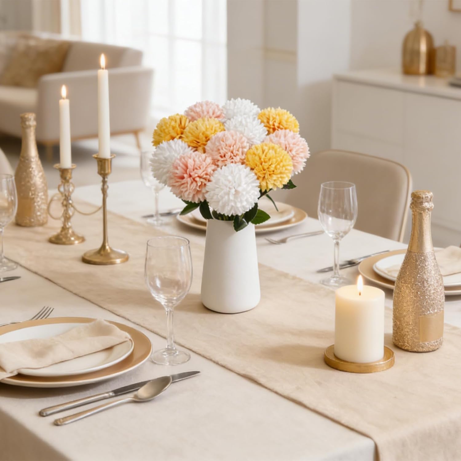 12Pcs Artificial Chrysanthemum Ball Flowers with Ceramic Vase, Faux Silk Mum Floral Arrangement for Table Centerpiece, Spring Home Decor, Wedding, Office, Coffee Display(White+Pink+Yellow)