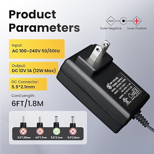 Vista 2 de Adaptador de fuente de alimentación de 12 V, 1 A, CA 100 ~ 240 V a CC 12 V 1000 mA 12 W, adaptador de conmutación de 0.217 in x 0.083 in DC enchufe