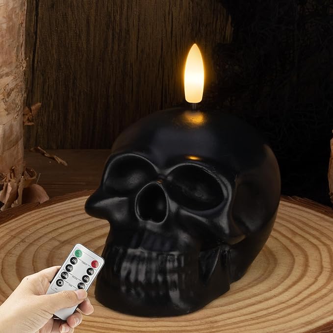 Halloween Flameless Candles with Remote, Real Wax Skull Battery Operated Candles, Flickering LED Fake Candle, Halloween Decorations for Table, Fireplace, Home, Party, Festival Decor