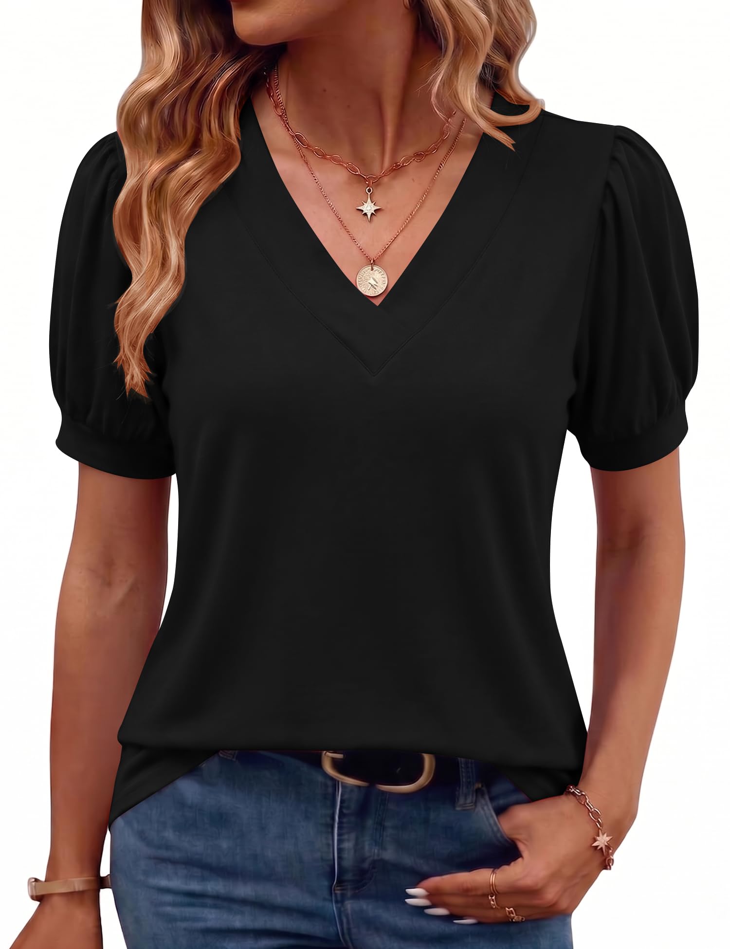 Rapbin Damen Bluse Kurzarm V-Ausschnitt Puff Oberteile Locker Blusen Sommer 2026 Top Elegant Mit Kurzen Ärmeln T-Shirt