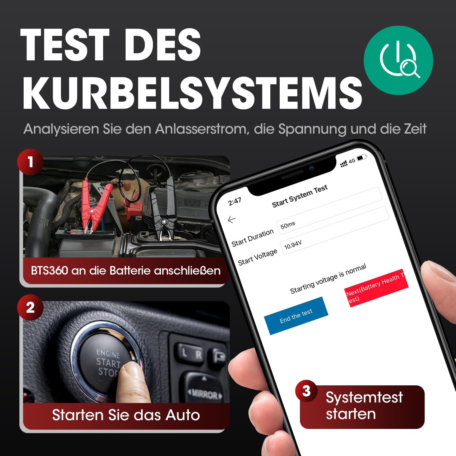 LAUNCH BST360 Batterietester für Auto, 12 V, 100 – 2000 CCA Bluetooth, Werkzeug für Autobatterie, Gesundheitsprüfungen für Auto, LKW, Motorrad, ATV, SUV, Boot, Yacht