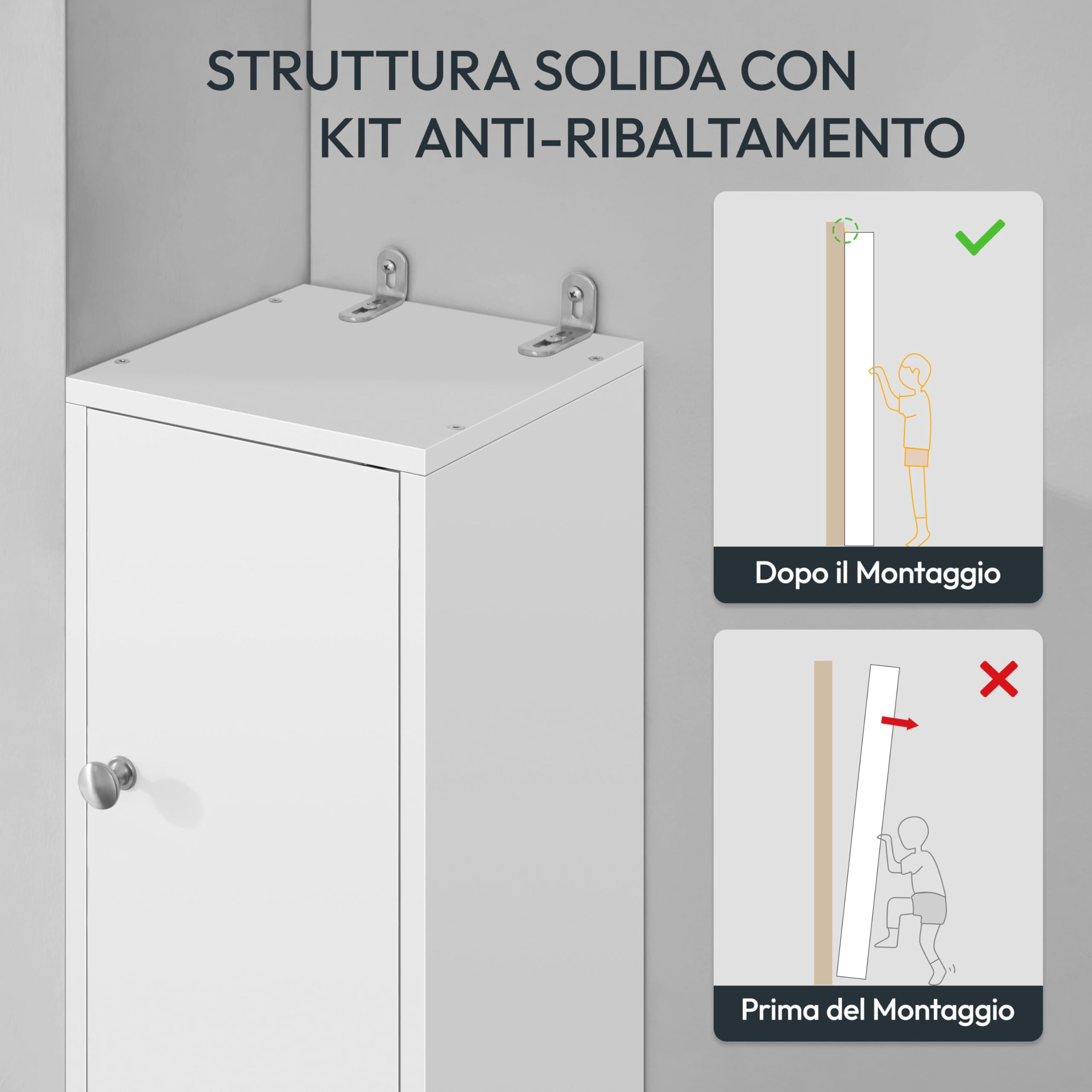 Colonna Bagno Stretta, Colonna Bagno Alto, Stretto, 20x20x180cm, Armadio, Mobiletto, con Antiribaltamento, Ripiani Regolabili, Bianco