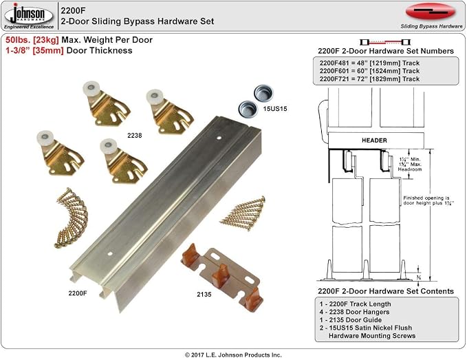 Kit de herrajes para clósets Johnson Hardware 2200F Twin Wheel, deslizamiento lateral, 72 pulgadas, acabado en latón, aluminio miniatura 6
