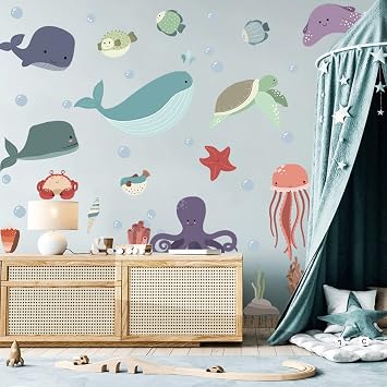 Large Ocean Peel and Stick Creatures Wall Art Stickers Under The Sea Fish Decals Whale Octopus Jellyfish Turtle Stickers Murals for Kids Bedroom Playroom Baby Nursery Wall Art Decor