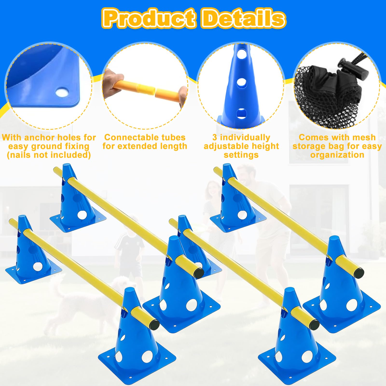 Hunde Agility Set mit mit 8 Kegel + 4 80cm Slalomstangen, Einstellbare Agility Koordinationstraining Erziehungshilfen, Steckhürden Kegel Trainingshürden für Fußball Hundesport, Pferdesport