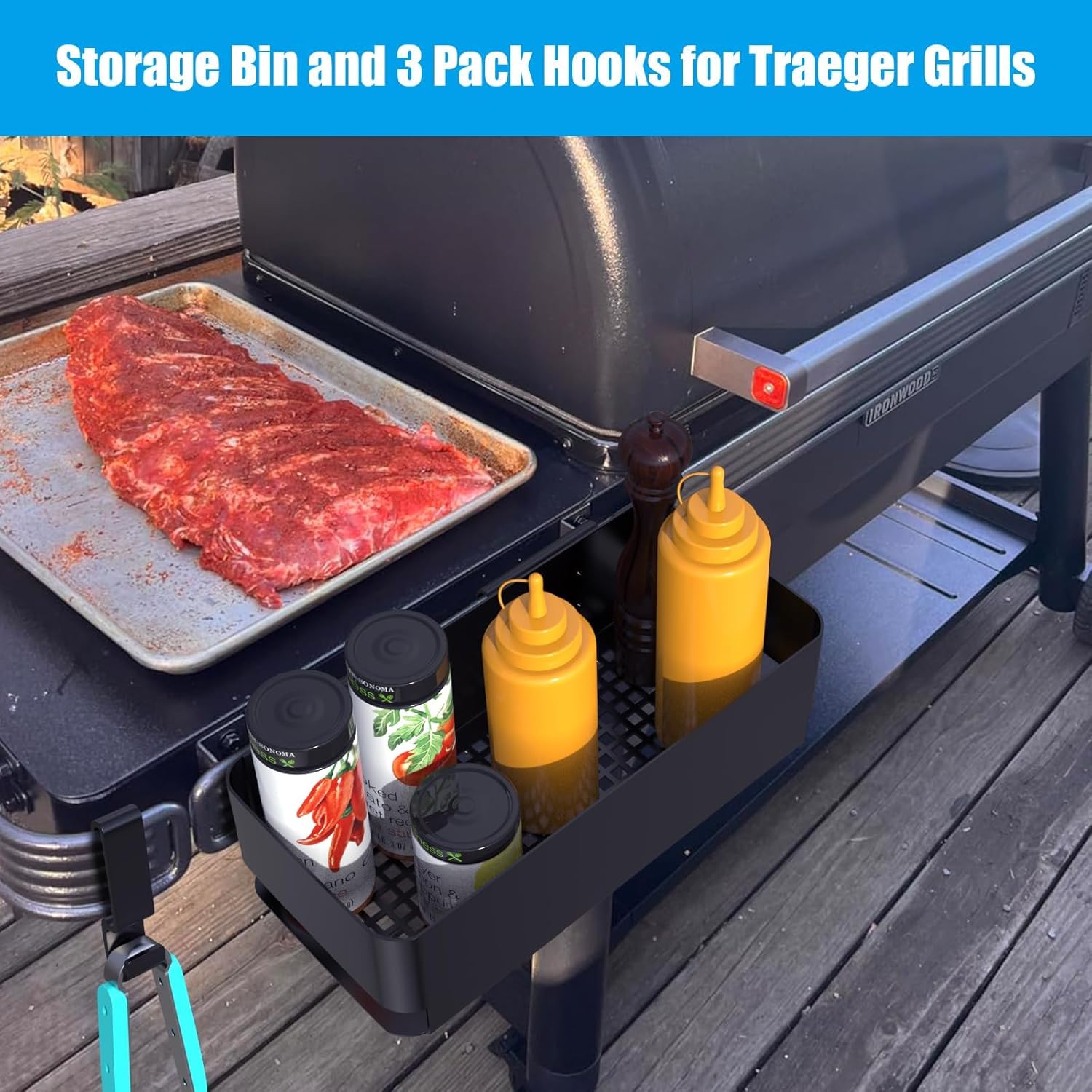 P.A.L. Pop-And-Lock Accessory Rail Storage Bin & Hooks for Traeger Timberline,Timberline XL,Ironwood,Ironwood XL,Flatrock,Grill Accessories for Traeger Z-grills Pit boss,Ironwood 885,Pro 22/34 Series