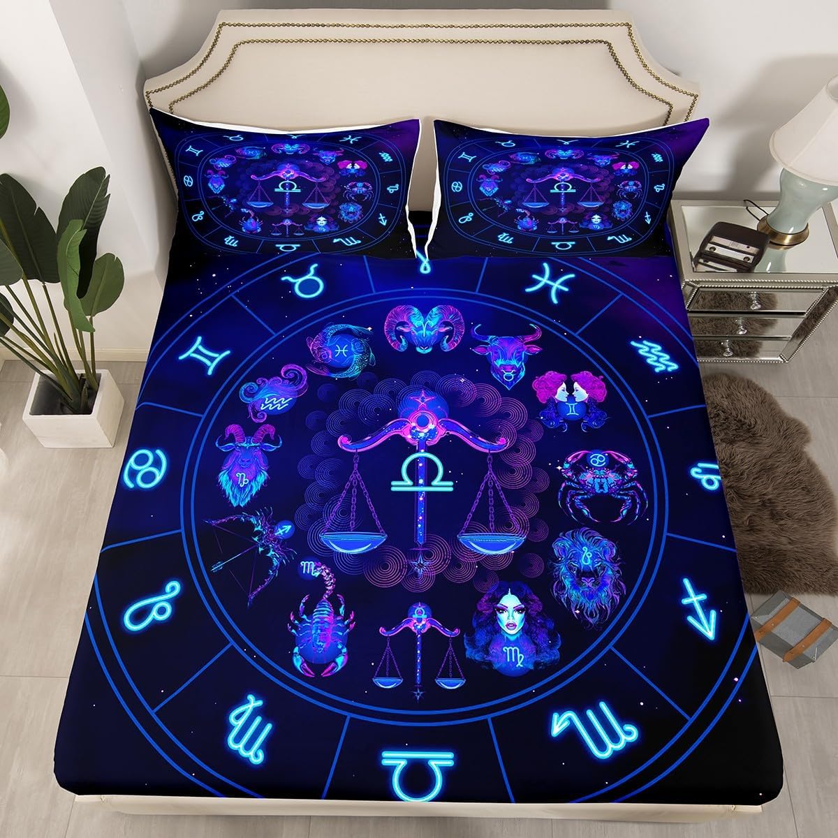 Erosebridal Zodiac Capricorn Bedding Sheet Set TwinXL Size,Constellation Fitted Sheet,Galaxy Theme Home Bedroom Decorative 2 Piece Bedding Set with 1 Pillow Sham,Soft Comfortable Gift