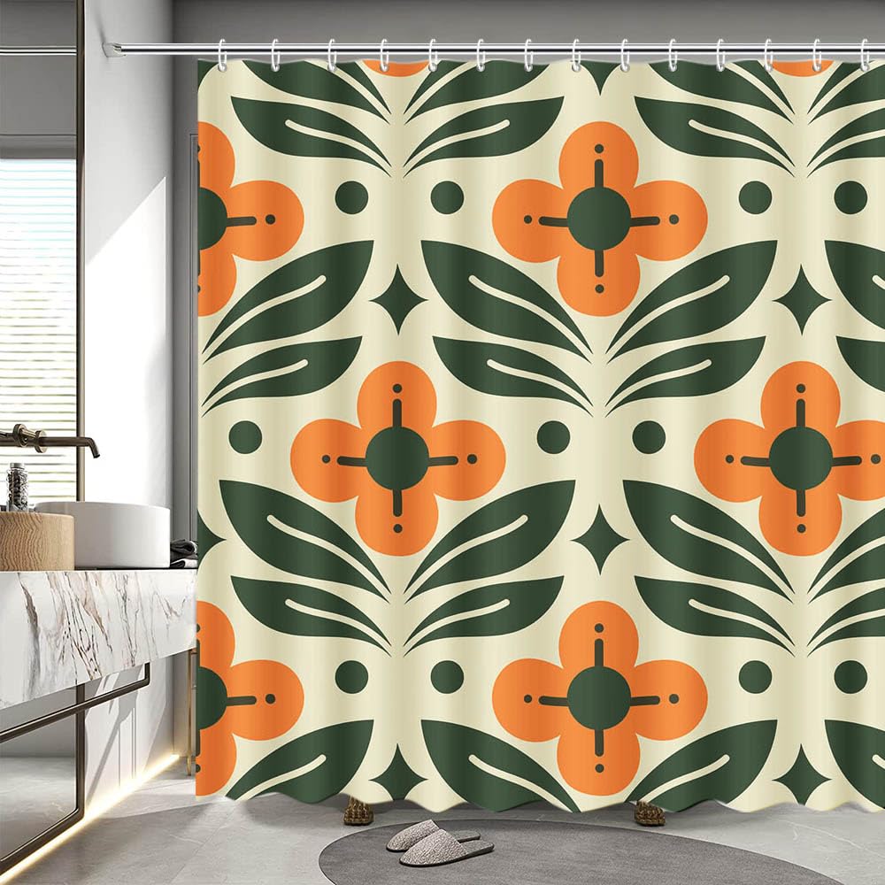 Rideau de douche floral vintage orange rideau de salle de bain géométrique retro