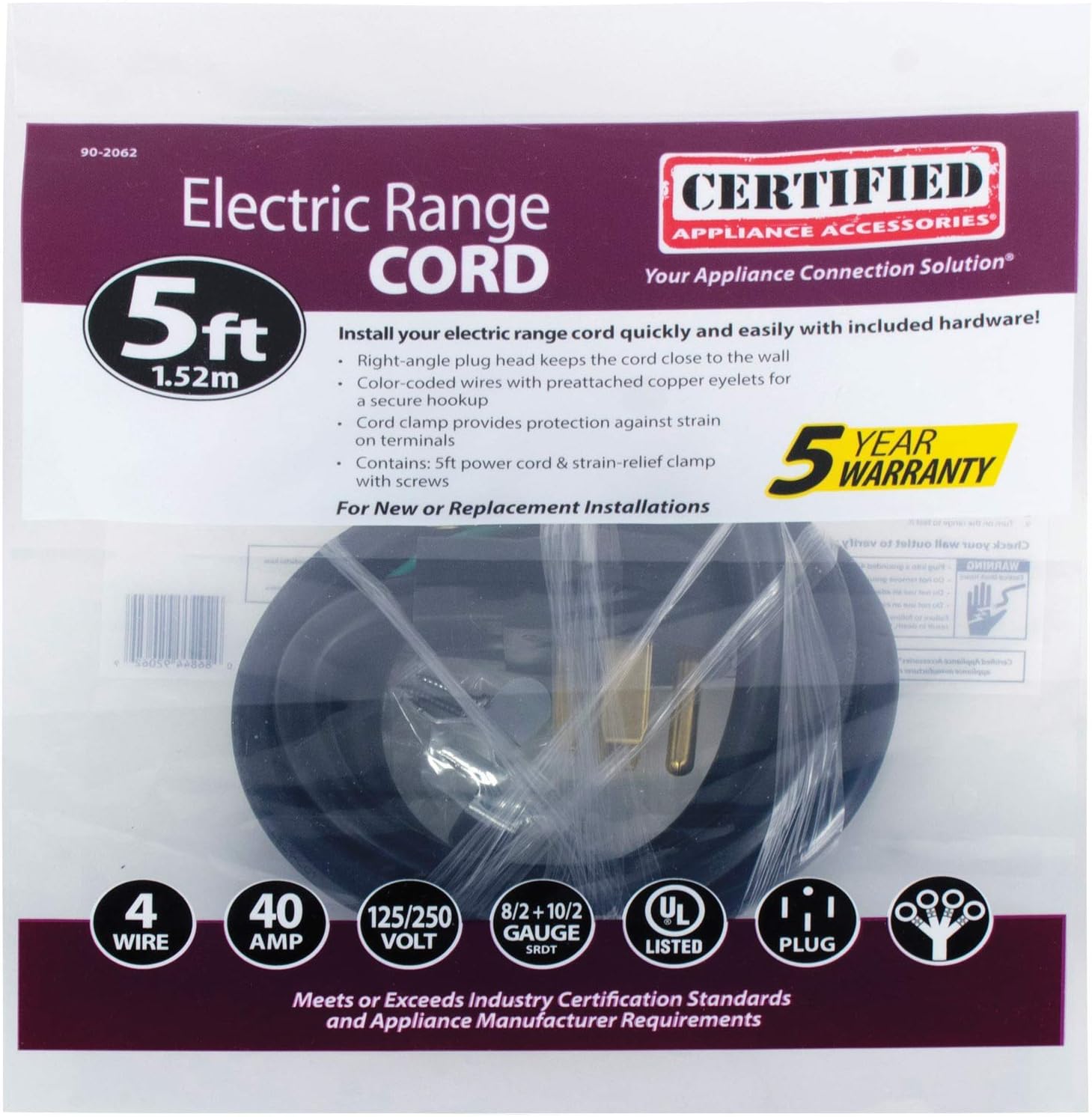 Certified Appliance Accessories 40-Amp Appliance Power Cord, 4 Prong Range Cord, 4 Wires with Eyelet Connectors, 5 Feet, Copper Wire