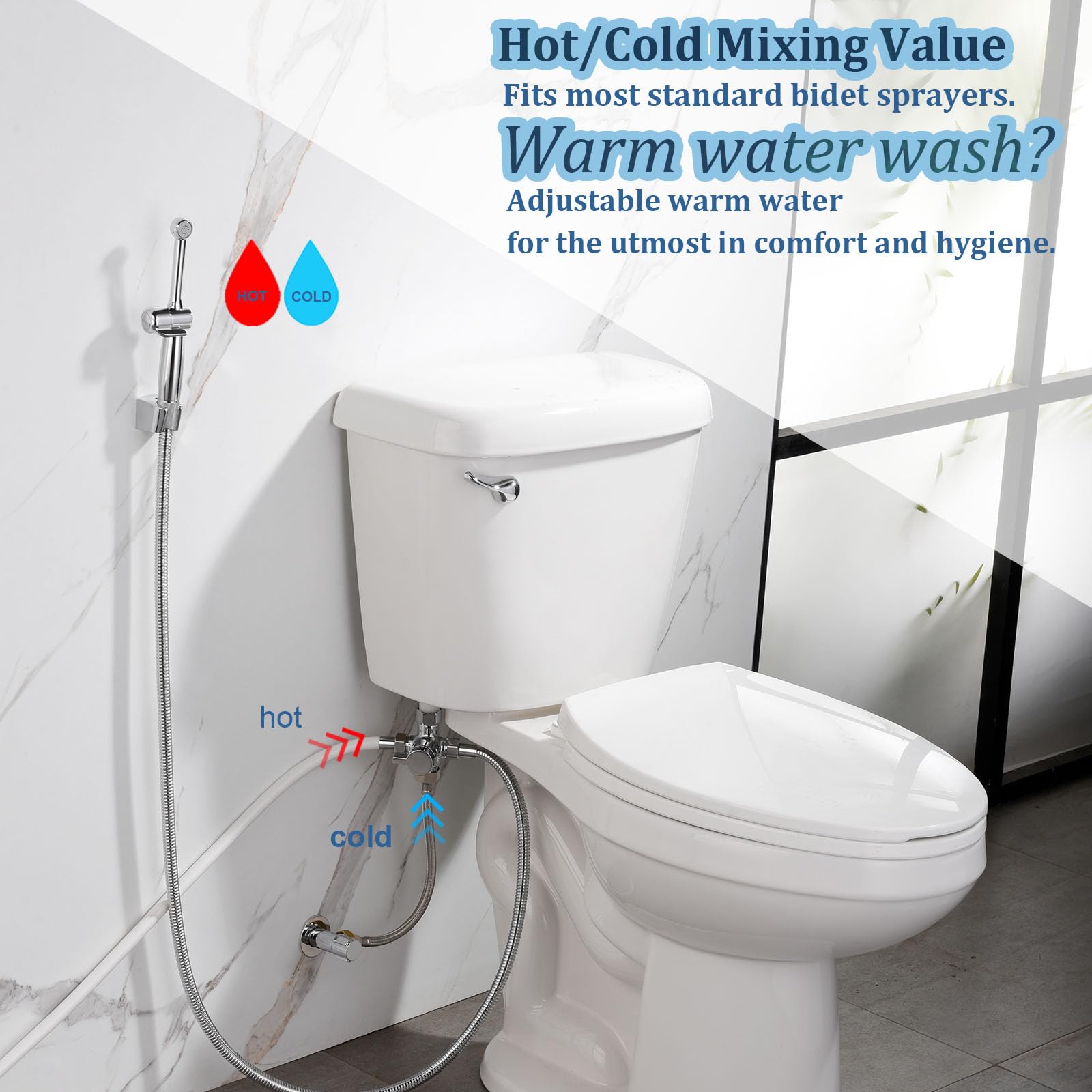 SonTiy Heiß- und Kalt-Bidet-Mischventil-Set, Upgrade-Messing, 4-Wege-Warm-Bidet-T-Adapterventil für Hand-WC-Sprüher, Sitz-Bidet-Aufsatz mit zwei T-Verbindern und 200,7 cm Brauseschlauch
