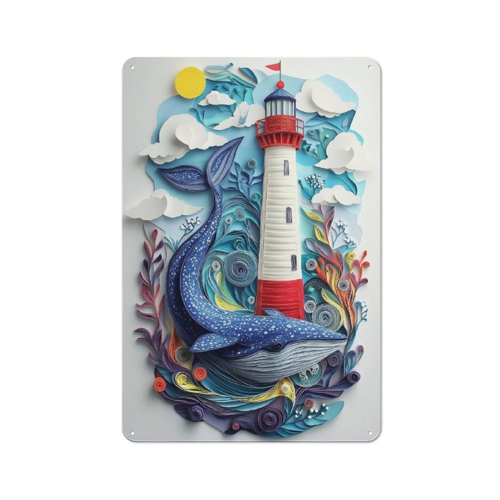 Junmoney Papercraft Whale & Lighthouse Tin Wall Plaque 30X20cm With For Garage Or Workshop, For An Autumn Wall Display In Garage And Workshop