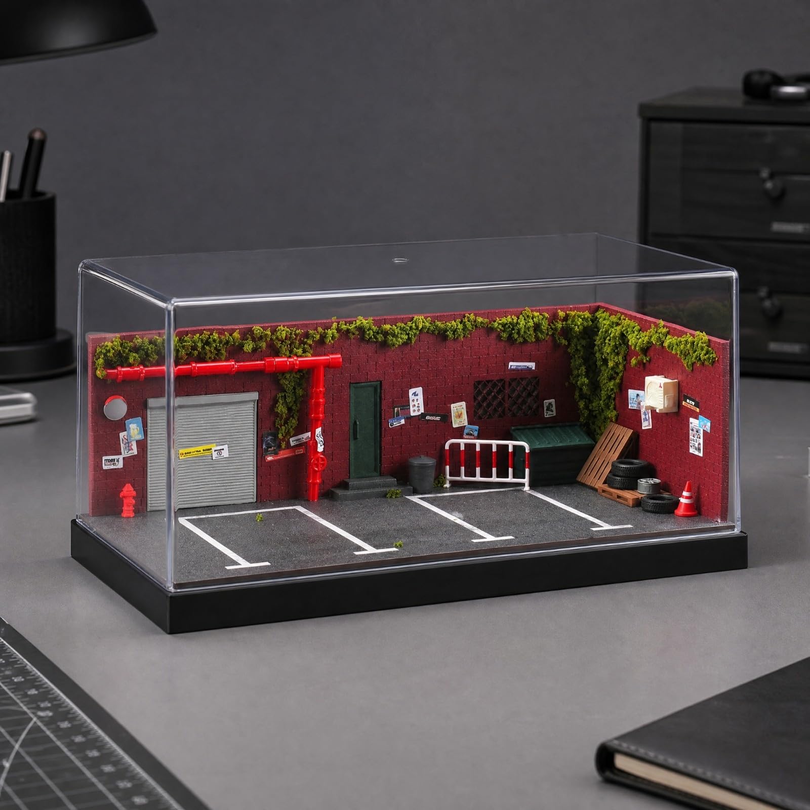 kowaku Modello 1:64 di Magazzino Storico Compatto Parcheggio 1:64 Resistente Espositore con Copertura in Acrilico per Collezionisti, Scrivania