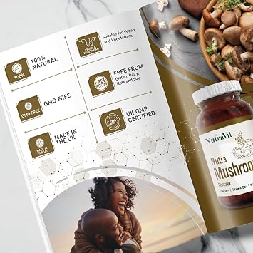 NutraMushroom - Comprehensive Mushroom Complex, with 6000mg of Shiitake, Maitake, Reishi, Chaga, Cordyceps and Lion’s Mane - with Added Vitamin C, D & Zinc - NutraVit, 30 Capsules