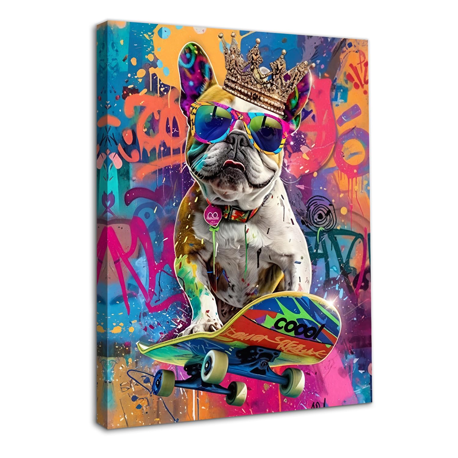 Dazzlewall Framed Funny Dog Graffiti Wall Art, Funky Dog Play Skateboard Wall Poster Colorful Animal Picture Print for Bedroom Bathroom Decor 12x16 in