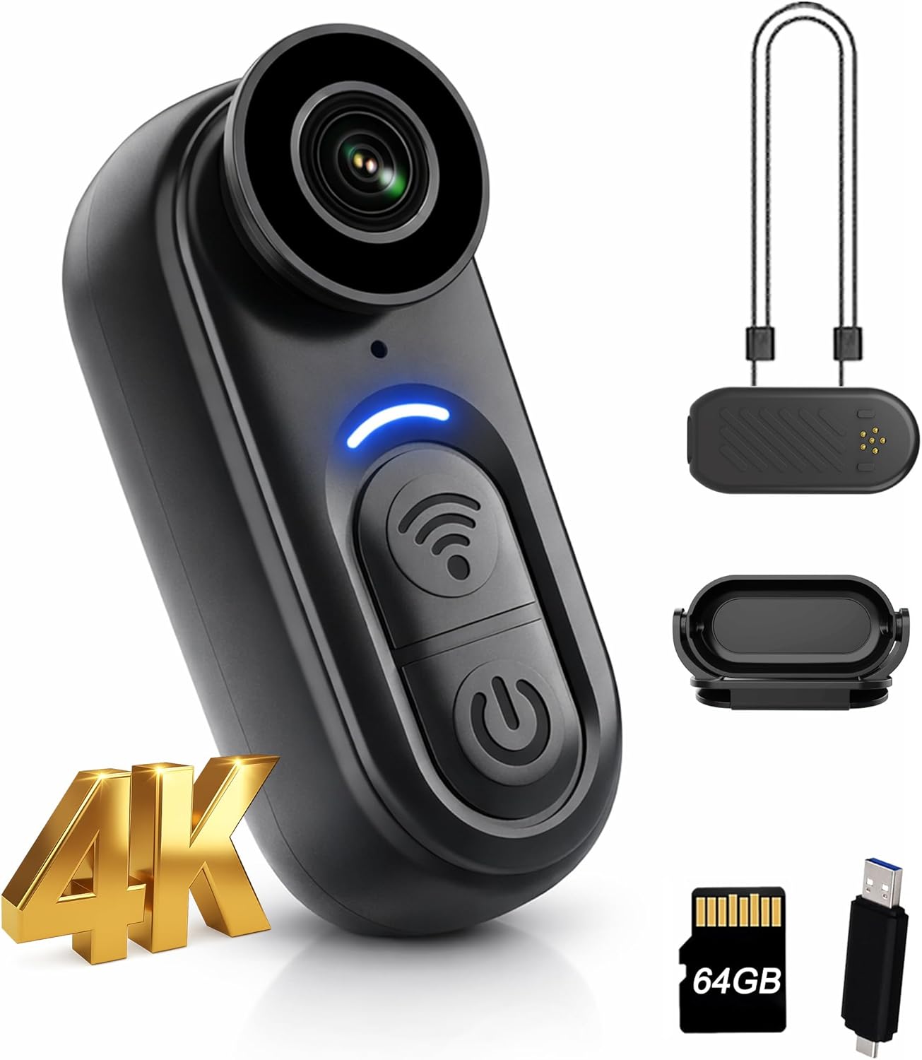 4K Mini Body Camera, 64GB Wearable Cam with Six-Axis Gyro Stabilization, Hands Free Portable for Security, Travel, Work, Lectures, Pet Walking