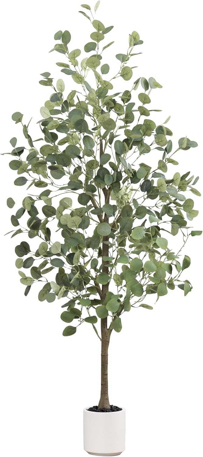 Faux Eucalyptus Tree 5FT Tall Artificial Eucalyptus Tree Indoor Outdoor, Fake Eucalyptus Plant with Green Silver Dollars Silk Leave, Fake Floor Plants, Present for Friend Housewarming Decor