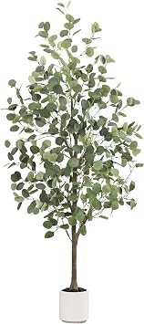 Faux Eucalyptus Tree 5FT Tall Artificial Eucalyptus Tree Indoor Outdoor, Fake Eucalyptus Plant with Green Silver Dollars Silk Leaves, Fake Floor Plants for Friend Housewarming Home Decor