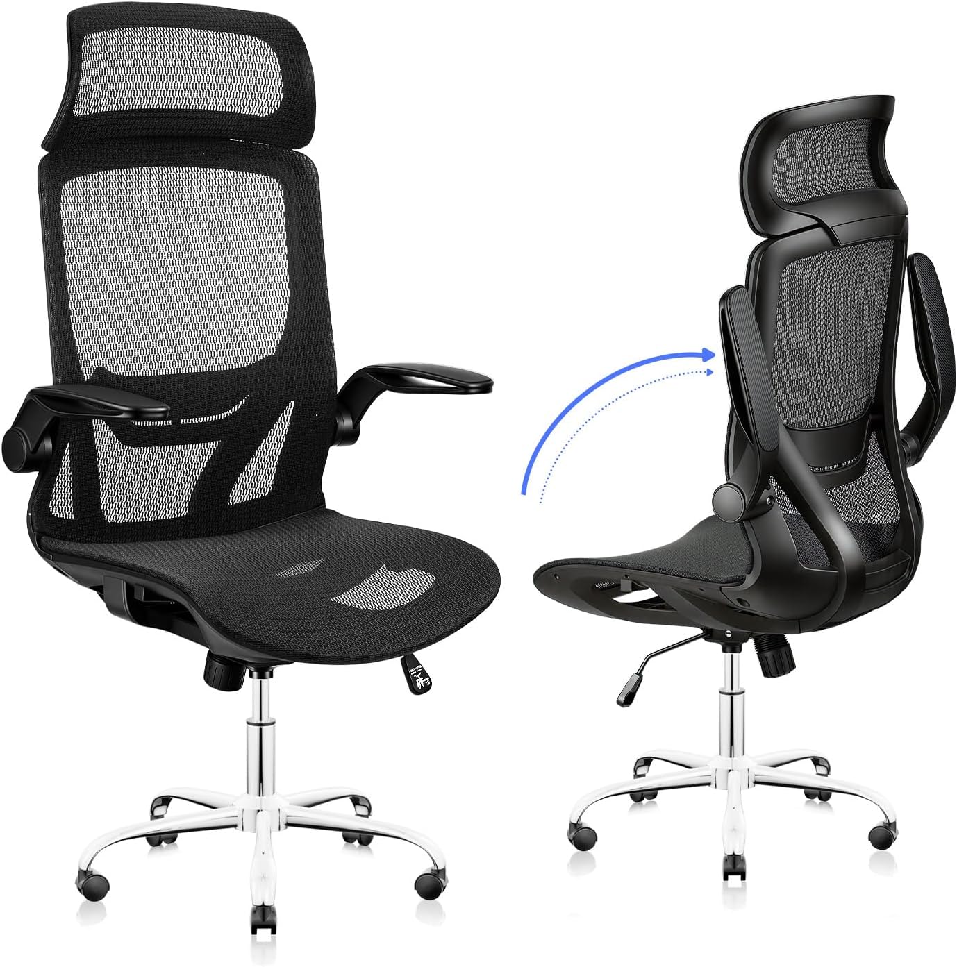 Cadeira de Escritório Ergonômica com Ajuste de Apoio de Cabeça, Braços Articuláveis e Encosto em Tela Respirável — Cadeira Giratória Executiva de Encosto Alto para Conforto Durante Todo o Dia