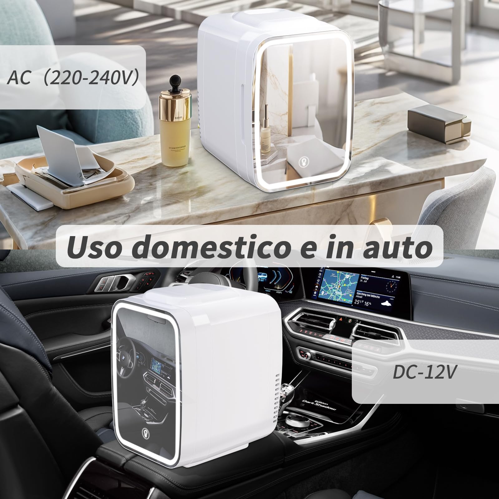 YASHE Mini Frigo per Camera, Frigo Skincare con Specchio LED, Piccolo Frigo da 4 L portatile, Termoelettrico, Riscaldatore e Raffreddatore 220V AC / 12V DC per Auto, Ufficio, Dormitorio (bianco)
