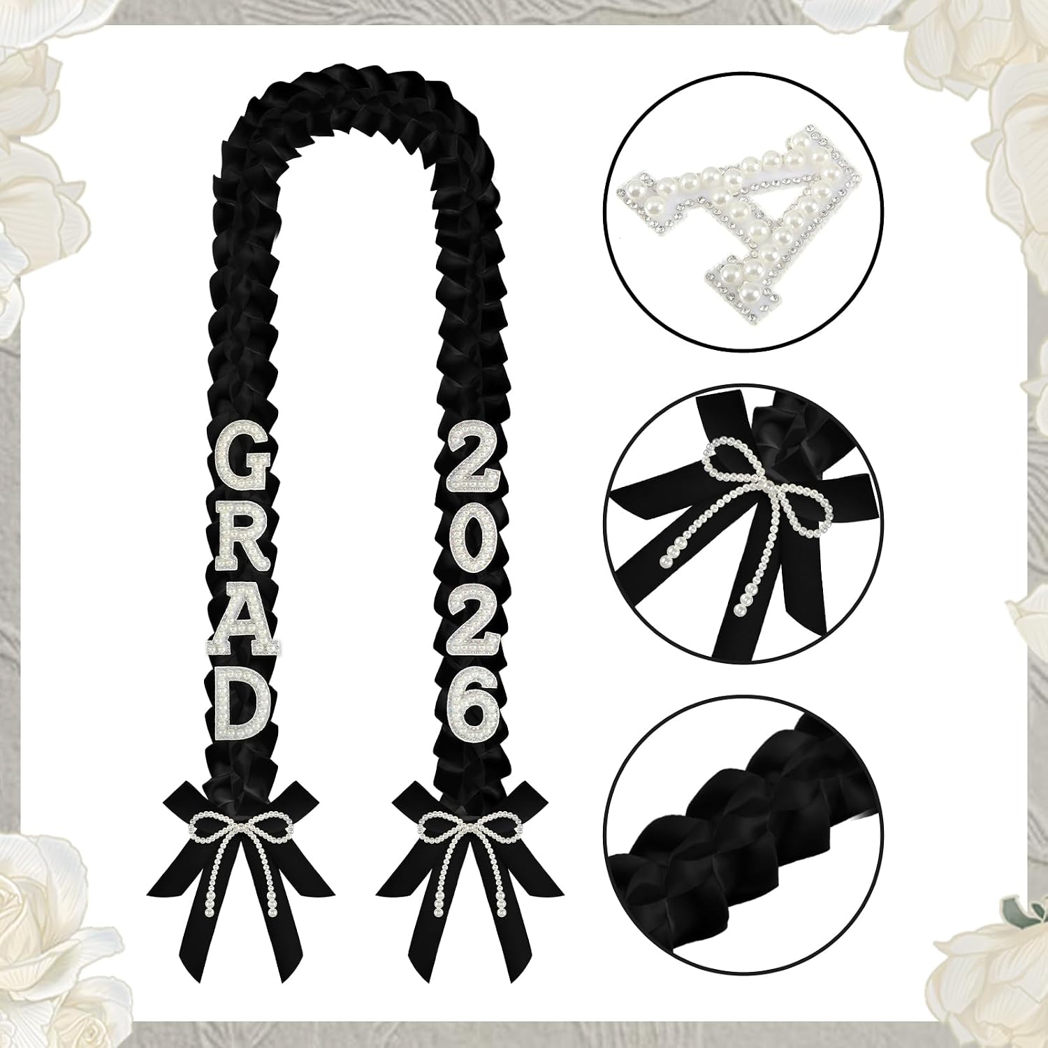 DIY Class of 2026 Graduation Leis with 30 Pearl Patches Letters and Numbers Graduation Money Leis Double Braided Ribbon Necklace for High School College 2026 Grad Party Decor(Black)