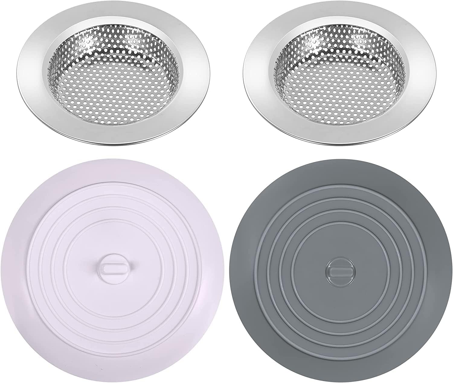 4 Pcs Kitchen Sink Strainer Stopper Kit, 4.5 Inch Stainless Steel Sink Drain Strainer, Thicken Drain Filter Strainer with Large Wide Rim, 6 inch Silicone Tub Stopper, Universal Rubber Drain Stopper