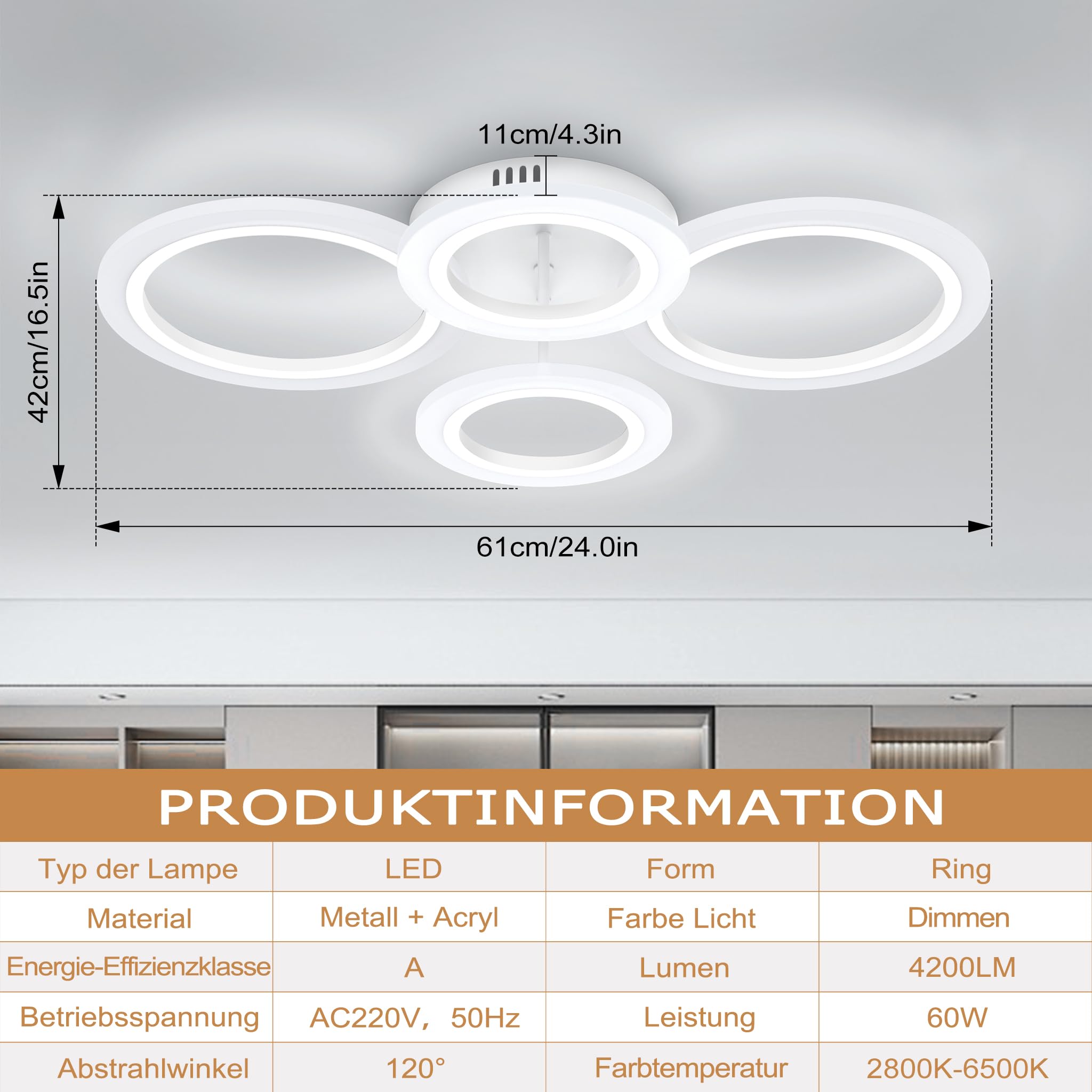 LZQ Runde LED Deckenlampe 60W Dimmbar, 2+2 Ringe Deckenleuchte mit Fernbedienung, 3 Farbtemperaturen, Modern IP44 LED-Deckenbeleuchtung für Wohnzimmer Schlafzimmer Flur Küche