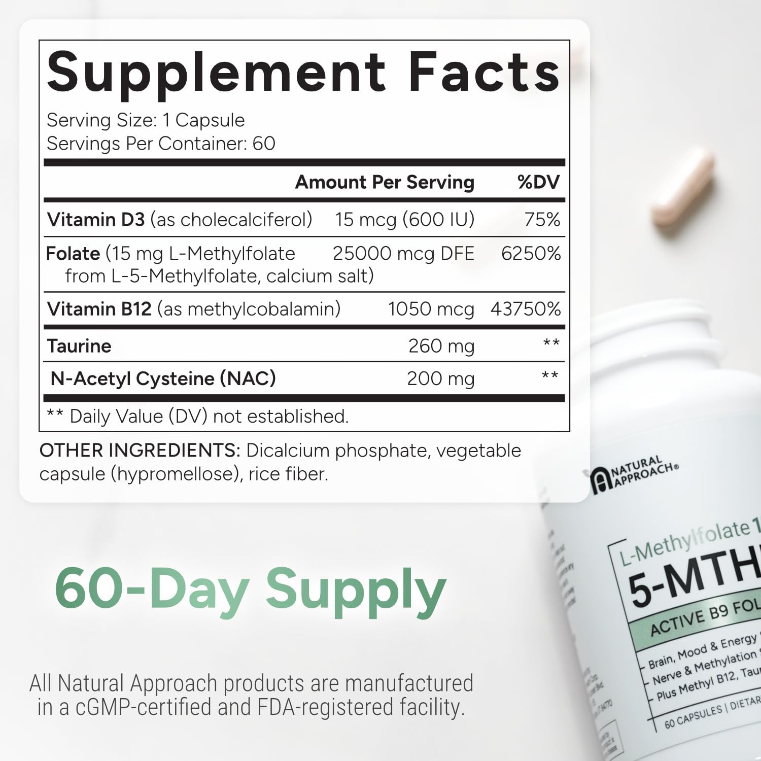 L-Methylfolate 15mg | 5-MTHF (Active B9) with Methyl B12, D3, NAC & Taurine | Premium Methylated Folate Supplement for Daily Use | Mood, Energy & Cognitive Support | 60 Capsules