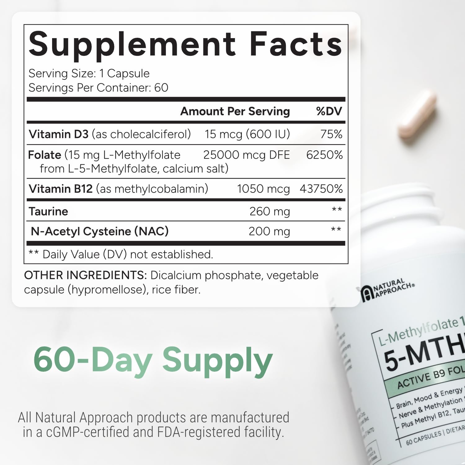 L-Methylfolate 15mg | 5-MTHF (Active B9) with Methyl B12, D3, NAC & Taurine | Premium Methylated Folate Supplement for Daily Use | Mood, Energy & Cognitive Support | 60 Capsules — Amazon image 6