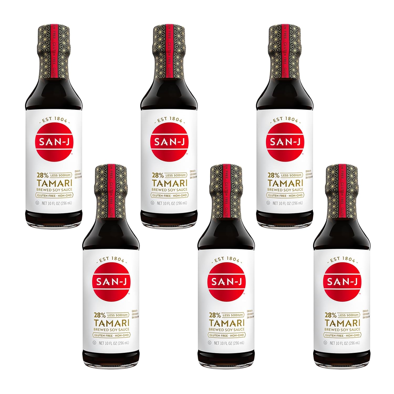 San-J - Gluten Free Tamari Soy Sauce with 28% Less Sodium - Specially Brewed - Made with 100% Soy - 10 oz. Bottles - 6 Pack