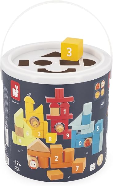 Janod - Baril 56 Pièces en Bois avec différentes Formes, Motifs, Numéros, Couleurs - Mon Premier Jeu de Construction - Boîte à Formes intégrée - Jeu d'Imitation - Dextérité & Créativité - Dès 1 an - 3