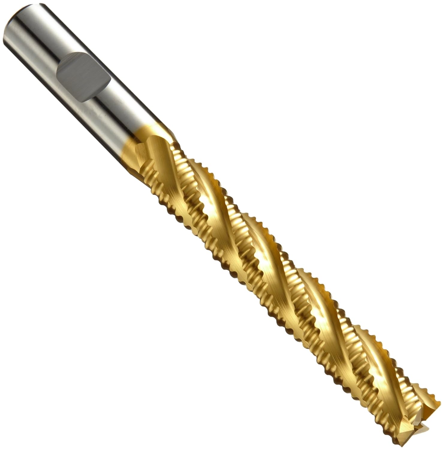 N72400 Cobalt Steel End Mill, Non Center Cut Rougher, TiN Coated, 6 Flutes, Chamfer End, 4" Cutting Length, 1-1/4" Cutting Diameter