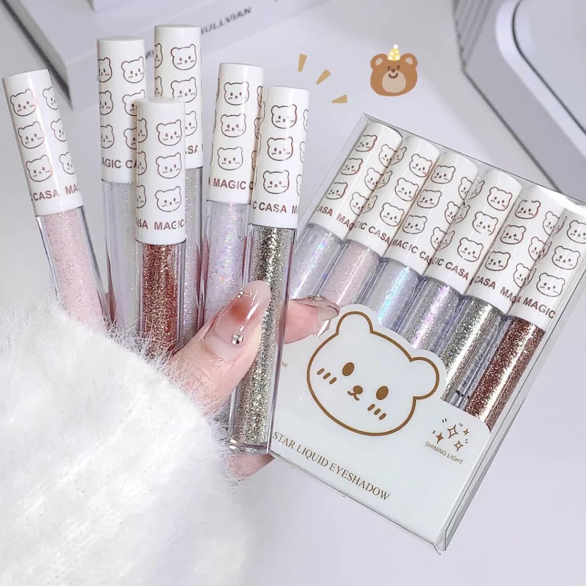 KARLOR Juego de 6 sombras de ojos con purpurina líquida, sombra de ojos líquida, sombra de ojos brillante, iluminador de ojos de diamante, color plateado, dorado y lila