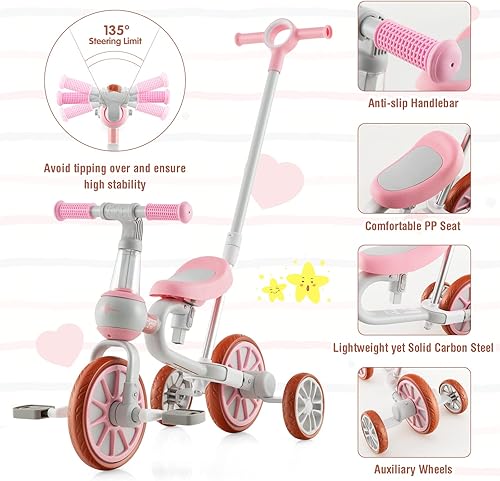 Miniatura 4 de BABY JOY Triciclo 4 en 1 para bebé, bicicleta de equilibrio de entrenamiento para niños con mango ajustable para padres, altura de asiento de 2