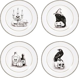 Bico Golden Vintage Halloween Black and White Ceramic 8.75 inch Salad Plates, Set of 4, Microwave Safe & Handwash Suggested, for Salad, Decoration