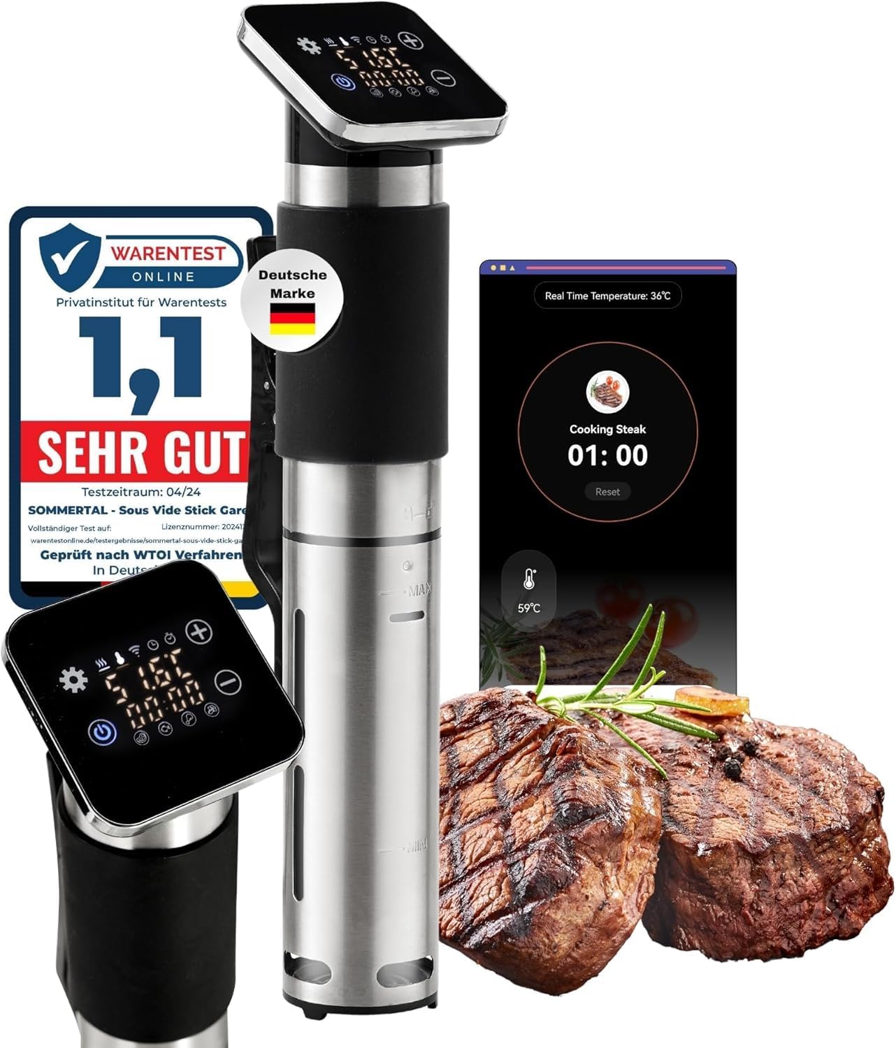 Sommertal TS1300 Sous Vide Precision Cooker Stick with digital display, app interface, and cooked steak.