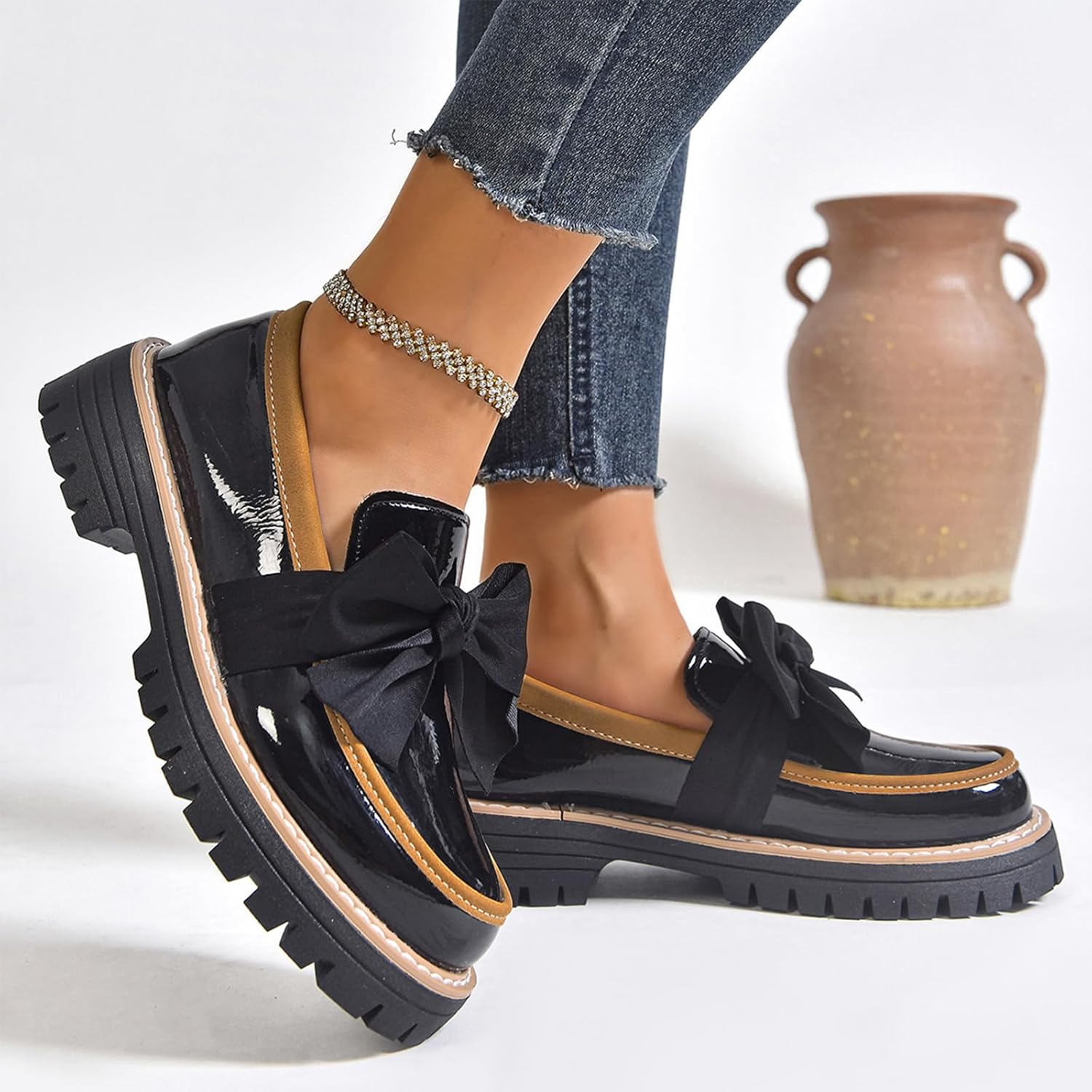 Women's Patent Leather Bowknot Chunky Platform Loafers Elegant Round ToeThick Sole Non-Slip Lug Sole Casual Dress Shoes for Office Business Work Everyday Wear - Image 6