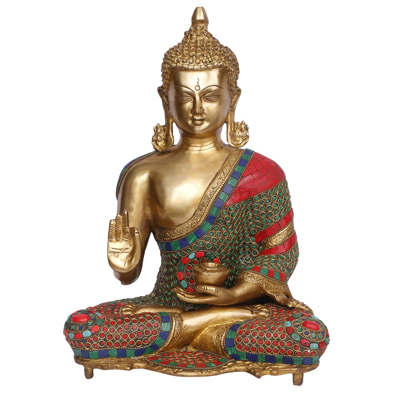 ARTVARKO Estatua de Buda grande de 16 pulgadas hecha a mano sentado, bendición, ídolo de budismo, latón, piedra turquesa.