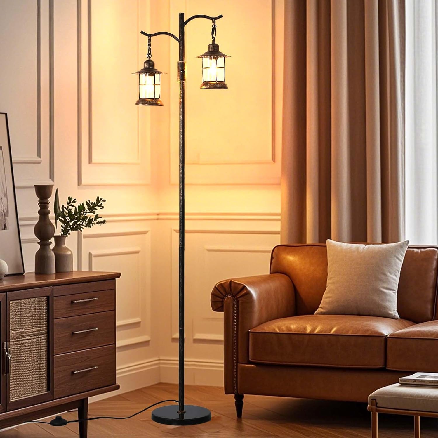 Industrial,Vintage Dimmable Floor Lamp,2 Classical Lanterns Standing Lamp, Rustic Farmhouse Floor Lamp with Bronze Gold Finish, for Living Room Bedroom (Bronze-B-Style)