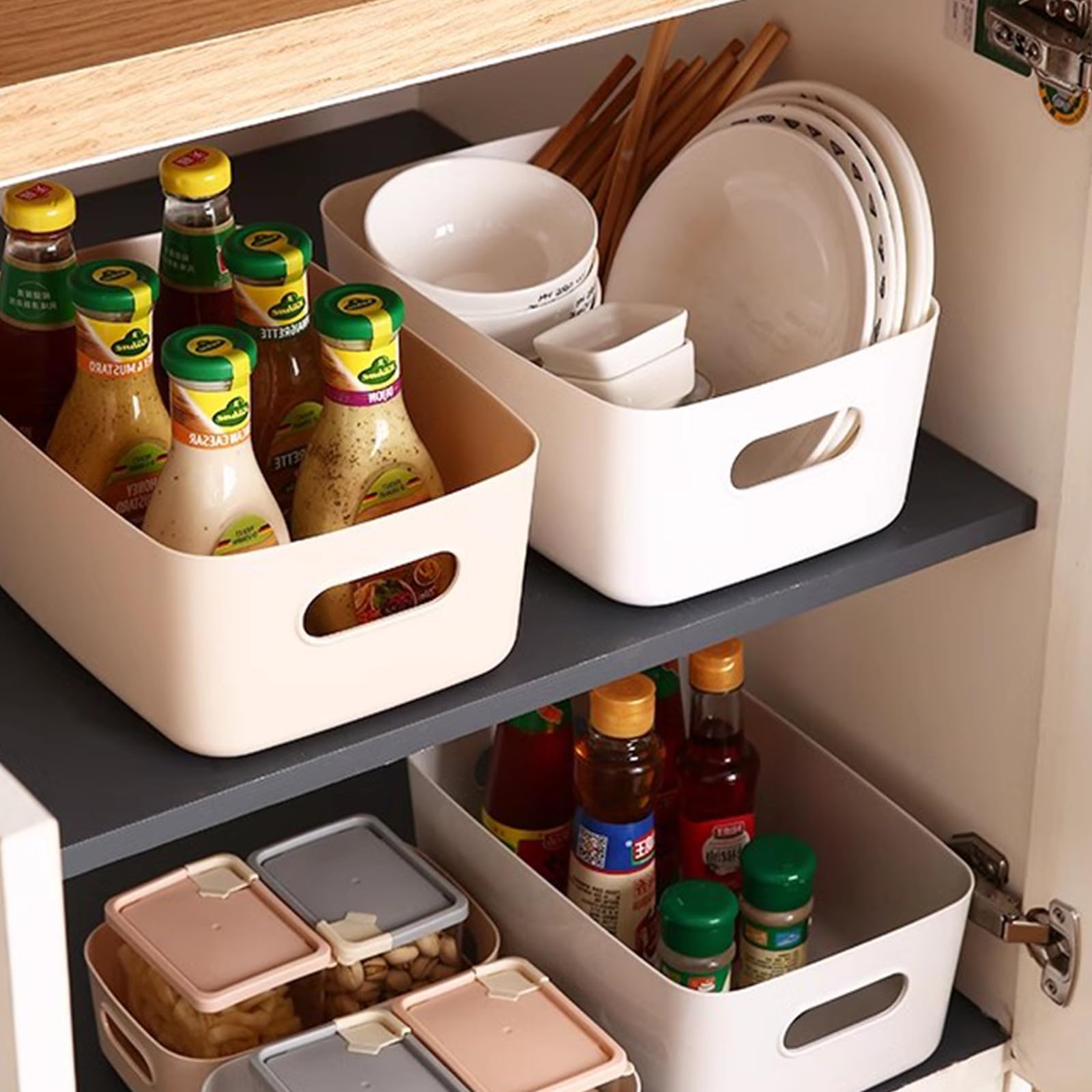 SHUESS 10 cajas de almacenamiento de plástico, 30 x 20 x 12,5 cm, grandes cestas blancas, cajas de almacenamiento, cajas organizadoras de plástico con asa, caja de plástico apilable para cocina