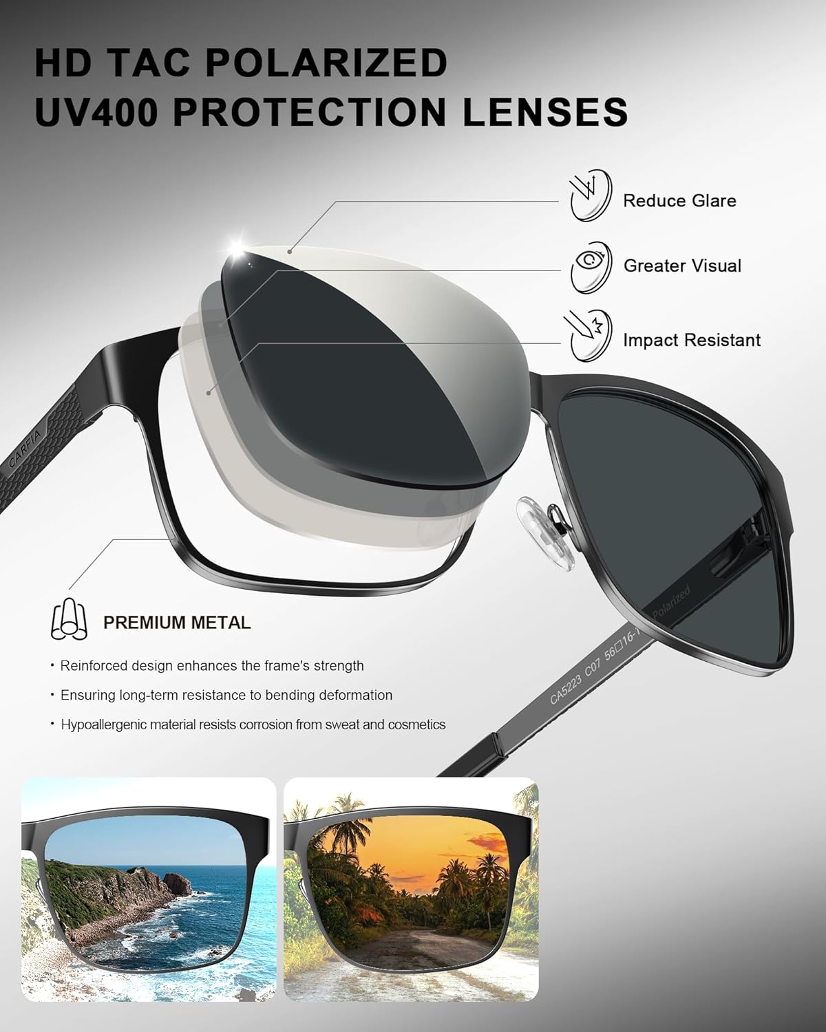 CARFIA Metal Polarized Sunglasses for Men UV400 Protection, Cool Shades with Spring Hinges & Grid Pattern CA5223 - Image 4