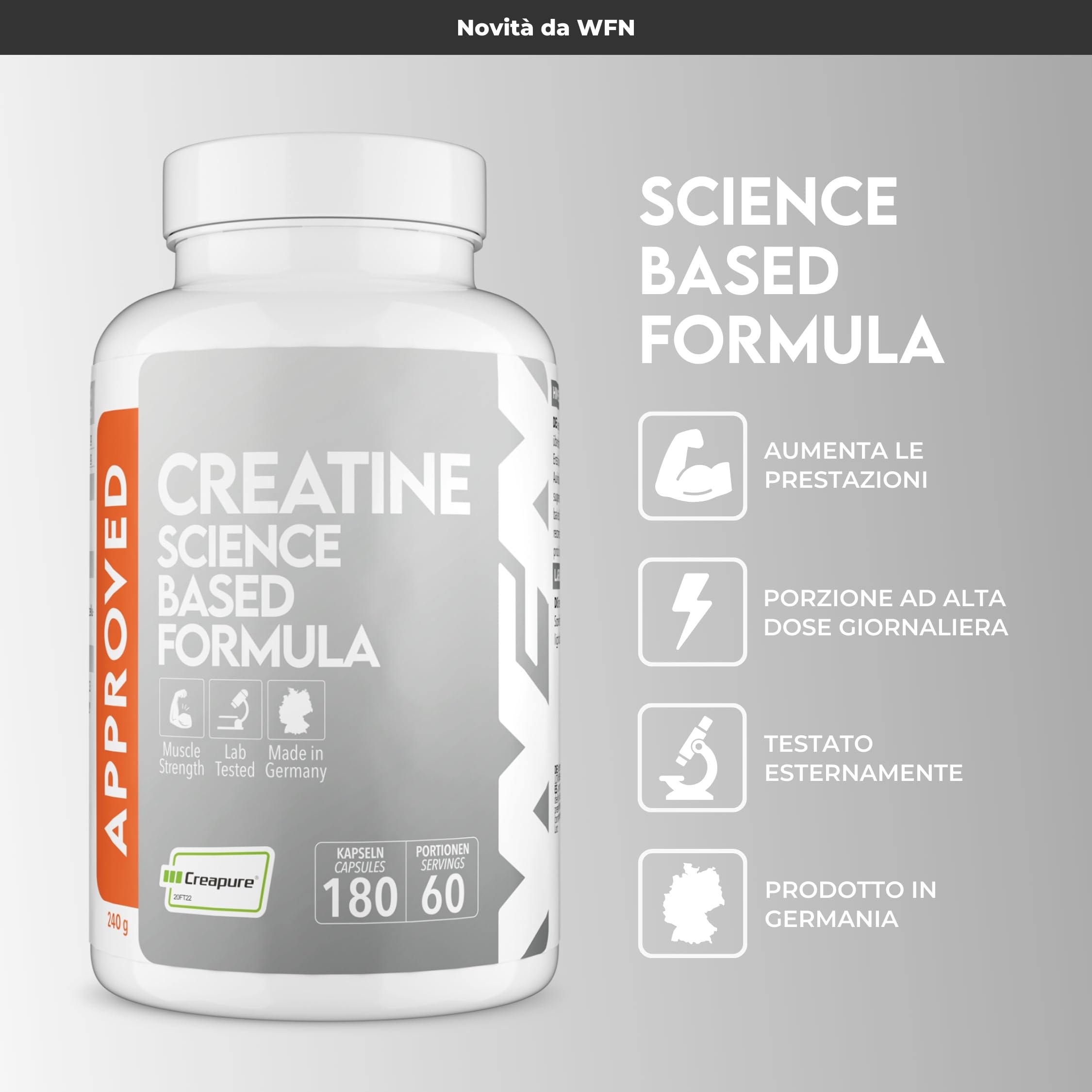 WFN Approved Creatine Caps - Creapure - 180 Capsule di creatina - Giga Caps ad alta dose - Pura creatina monoidrato - Vegano - 60 Porzioni - Prodotto in Germania - Testato in laboratorio esterno