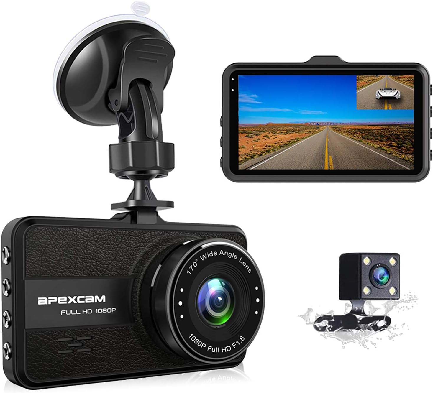 New Model Apexcam Dash Cam 1080P FHD Car Dash Camera 3 IPS Dual Dash Cam Dashboard Backup