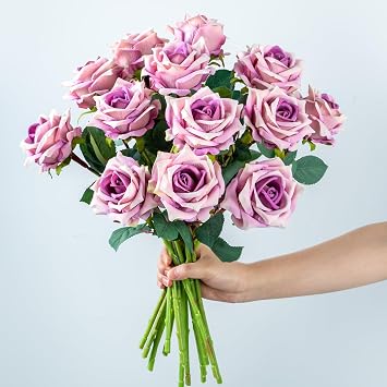 Ttranewsoo Fake Roses Faux Flowers Silk Roses Artificial Roses with Stems Realistic Artificial Flowers 12PCS Suitable for Indoor Home Decoration DIY Bouquet Wedding Decor Party Decor Purple,16.5In