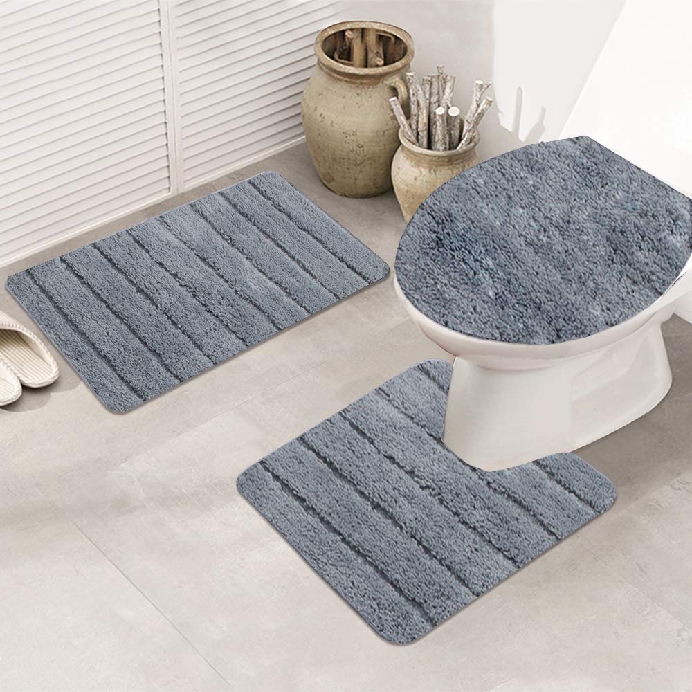 Topchances Juego de 3 alfombrillas de baño de microfibra antideslizante, peludas, suaves, de absorción rápida de agua, alfombrillas de baño, alfombrilla de baño, cubierta de asiento de inodoro (gris